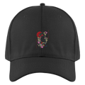Schwarze RYŪ Baseball-Cap aus Baumwolle mit Drachenmotiv, Wellen, Blüten und roter Sonne – Vorderansicht