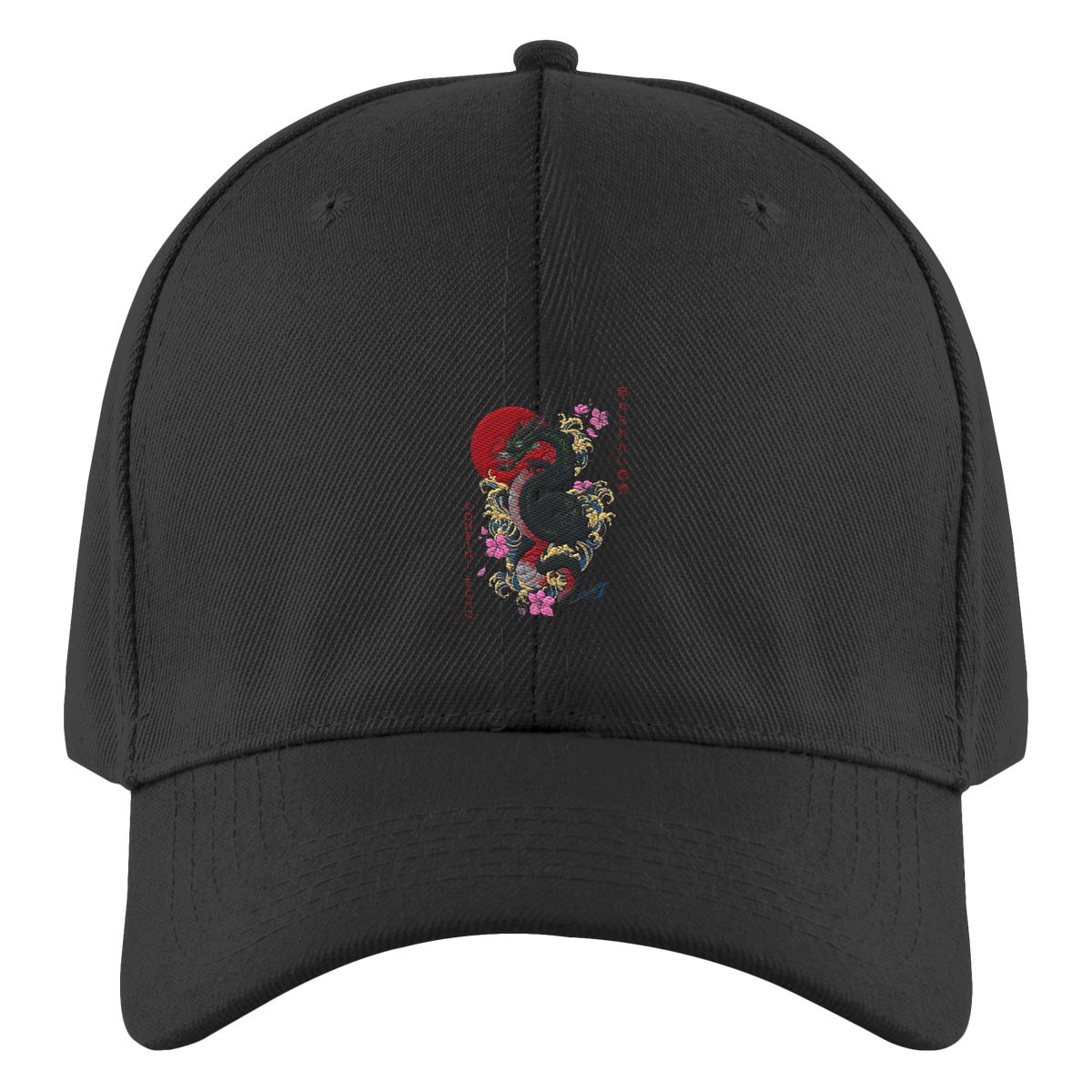 Schwarze RYŪ Baseball-Cap aus Baumwolle mit Drachenmotiv, Wellen, Blüten und roter Sonne – Vorderansicht