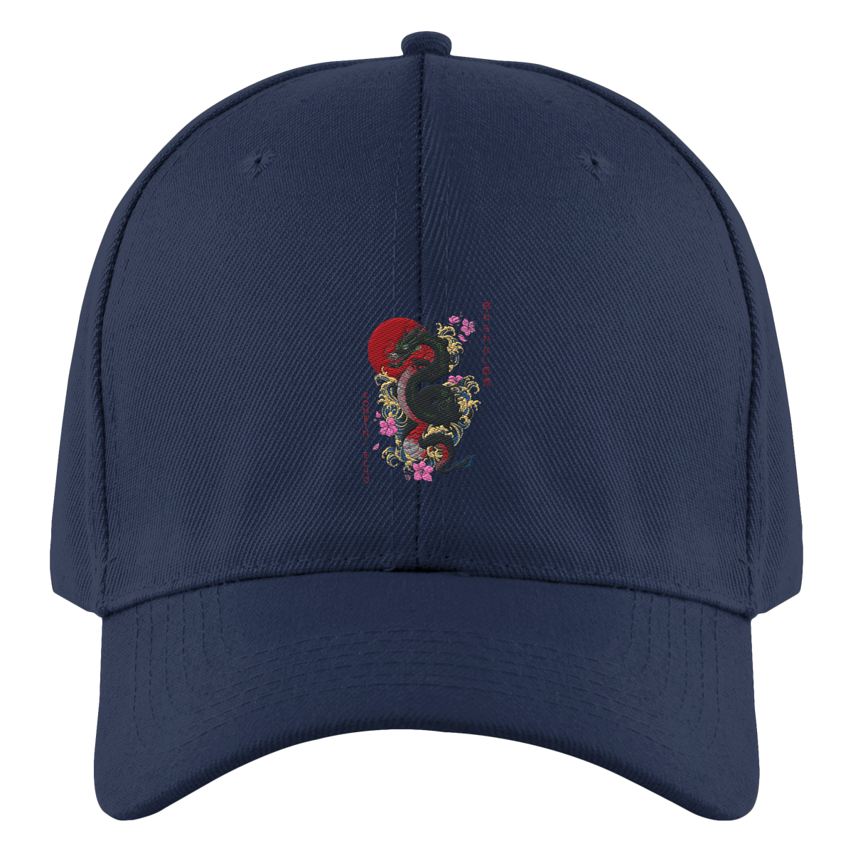 Dunkelblaue RYŪ Baseball-Cap aus Baumwolle mit Drachenmotiv, Wellen, Blüten und roter Sonne – Vorderansicht