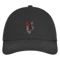 Schwarze RYŪ 6-Panel-Cap aus Bio-Baumwolle mit Drachenmotiv, Wellen, Blüten und roter Sonne – Vorderansicht