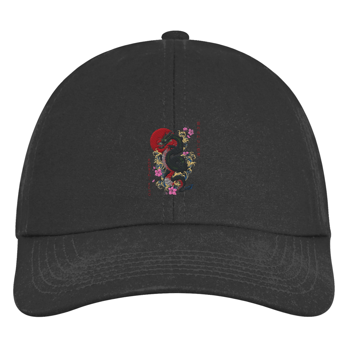 Schwarze RYŪ 6-Panel-Cap aus Bio-Baumwolle mit Drachenmotiv, Wellen, Blüten und roter Sonne – Vorderansicht