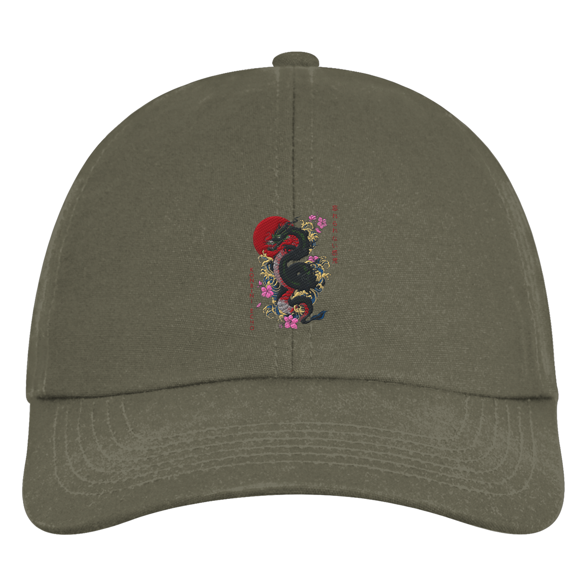 Olivgrüne RYŪ 6-Panel-Cap aus Bio-Baumwolle mit Drachenmotiv, Wellen, Blüten und roter Sonne – Vorderansicht