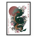 RYŪ Drachenposter DIN A2 in schwarzem Holzrahmen mit grünem Drachen, Wellen, Blüten und roter Sonne