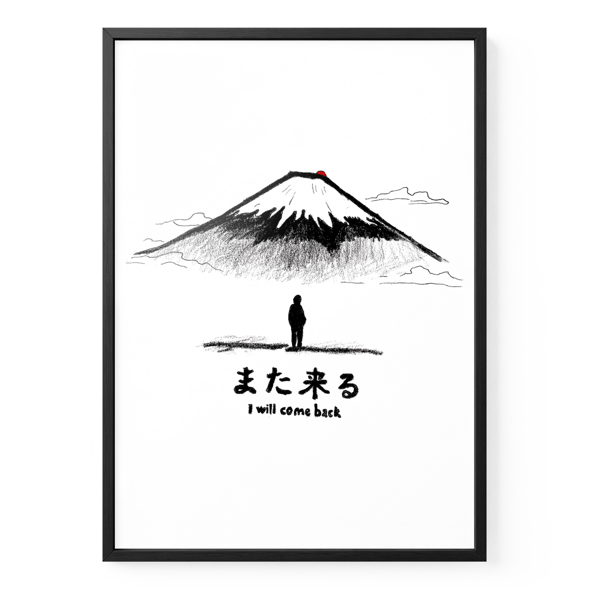 Fuji-Poster „I Will Come Back“ in A2 mit schwarzem Holzrahmen, Bergillustration und kleiner Figur.