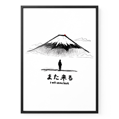 Fuji-Poster „I Will Come Back“ in A2 mit schwarzem Holzrahmen, Bergillustration und kleiner Figur.
