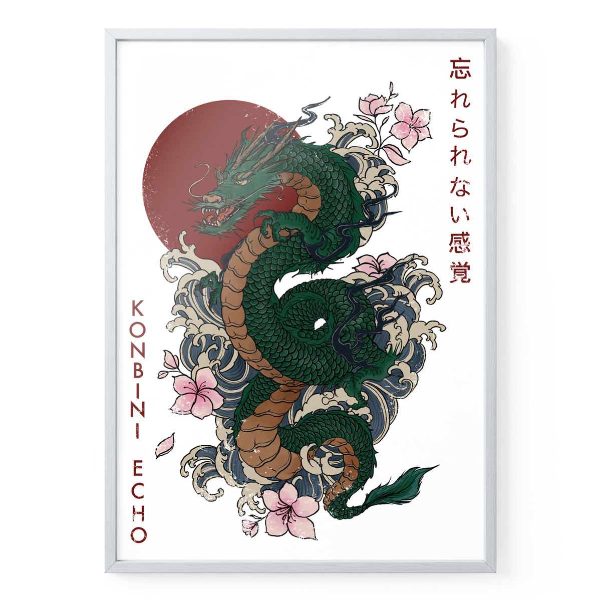 RYŪ Drachenposter DIN A2 in weißem Holzrahmen mit grünem Drachen, Wellen, Blüten und roter Sonne