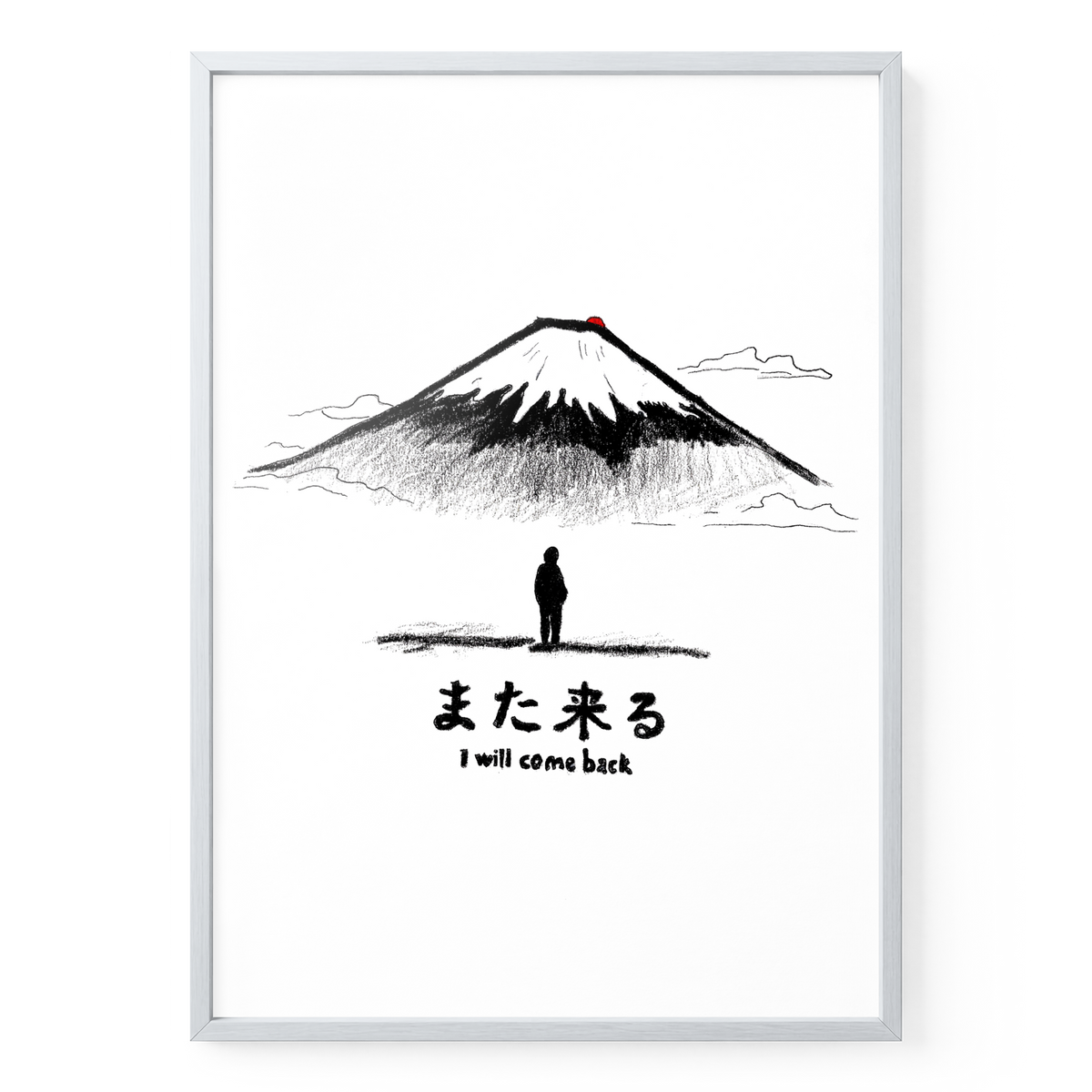 Weiße Holzrahmen-Variante für das A2-Poster „I Will Come Back“, Ansicht im Hochformat.