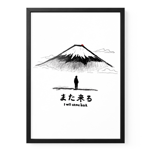 Fuji-Poster „I Will Come Back“ in A3 mit schwarzem Holzrahmen, Bergillustration und kleiner Figur.