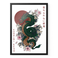 RYŪ Drachenposter DIN A3 in schwarzem Holzrahmen mit grünem Drachen, Wellen, Blüten und roter Sonne