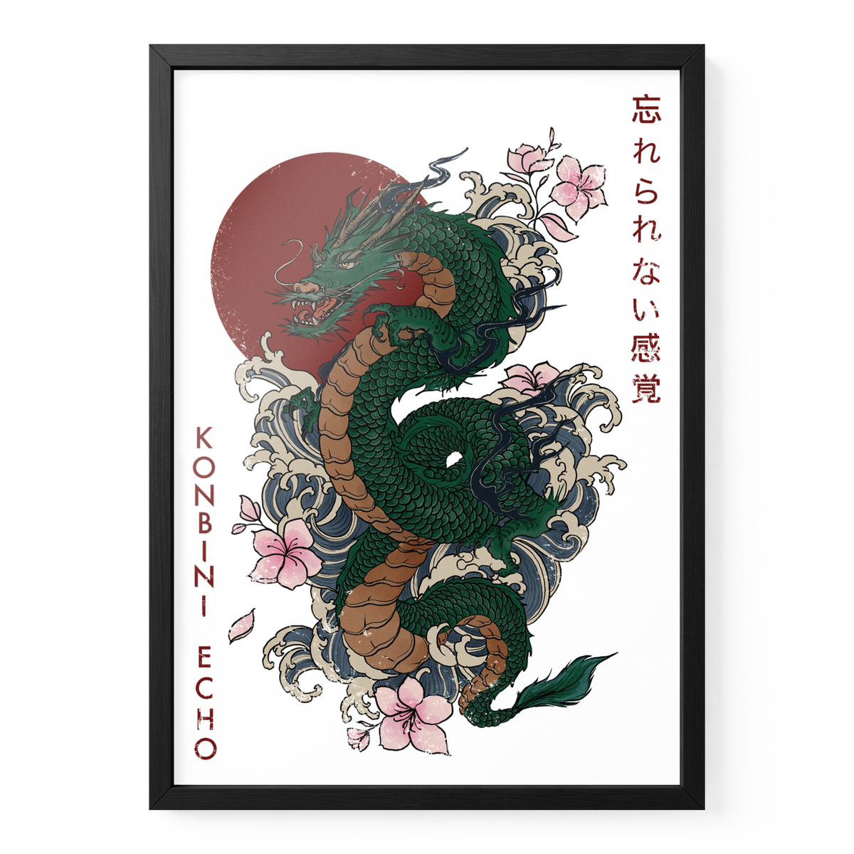 RYŪ Drachenposter DIN A3 in schwarzem Holzrahmen mit grünem Drachen, Wellen, Blüten und roter Sonne