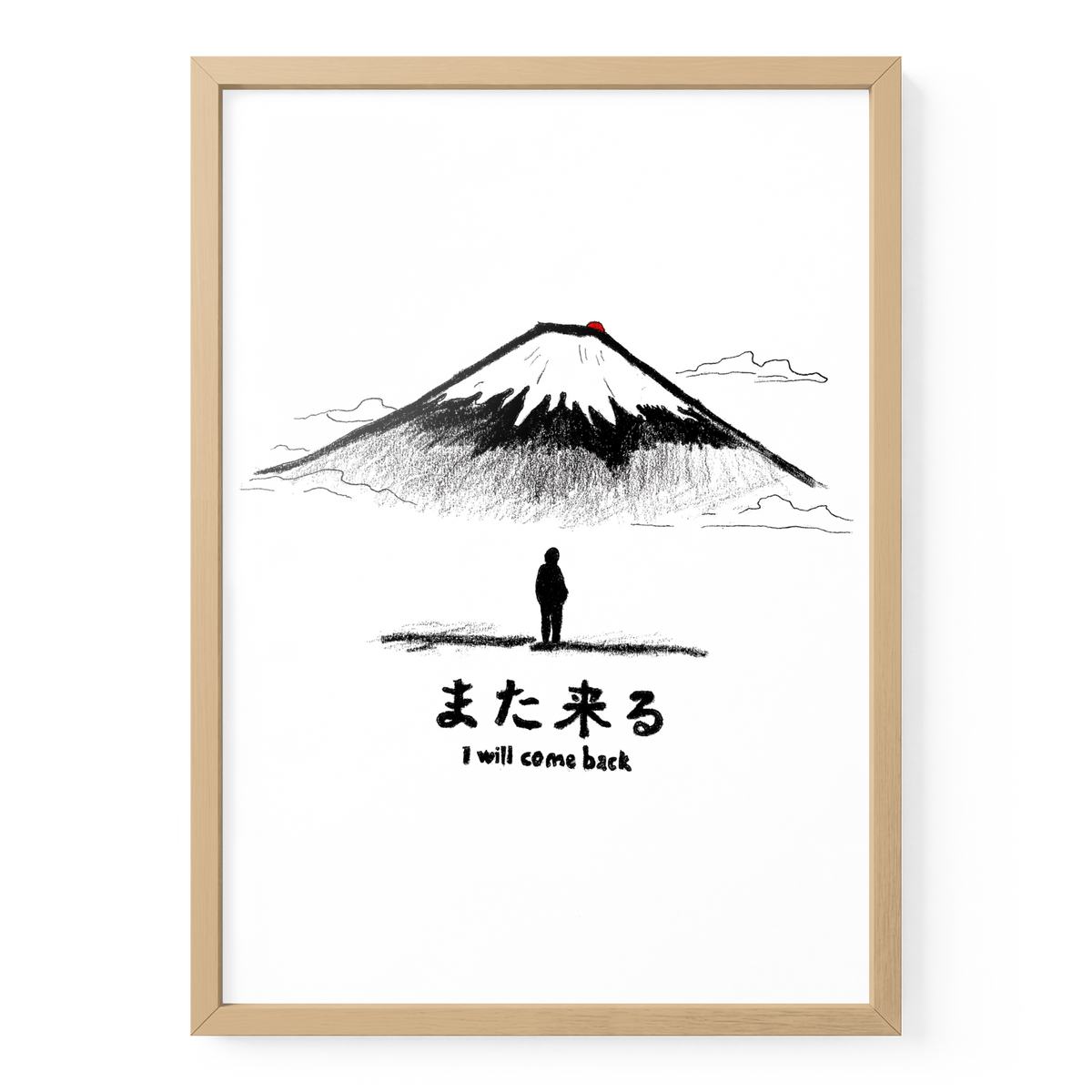 Fuji-Poster „I Will Come Back“ in A3 mit naturfarbenem Holzrahmen, Bergillustration und kleiner Figur.