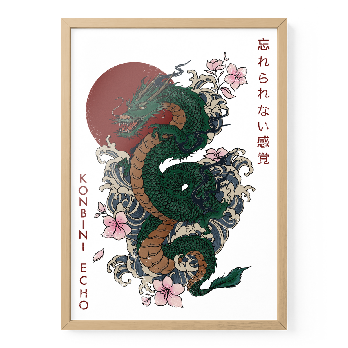 RYŪ Drachenposter DIN A3 in naturfarbenem Holzrahmen mit grünem Drachen, Wellen, Blüten und roter Sonne