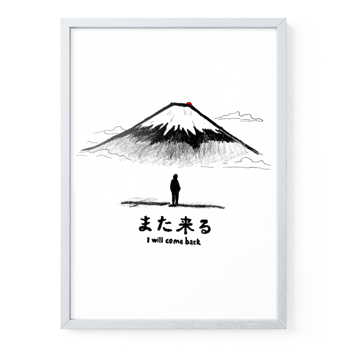 Fuji-Poster „I Will Come Back“ in A3 mit weißem Holzrahmen, Bergillustration und kleiner Figur.