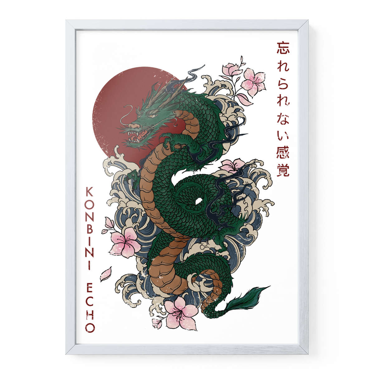 RYŪ Drachenposter DIN A3 in weißem Holzrahmen mit grünem Drachen, Wellen, Blüten und roter Sonne