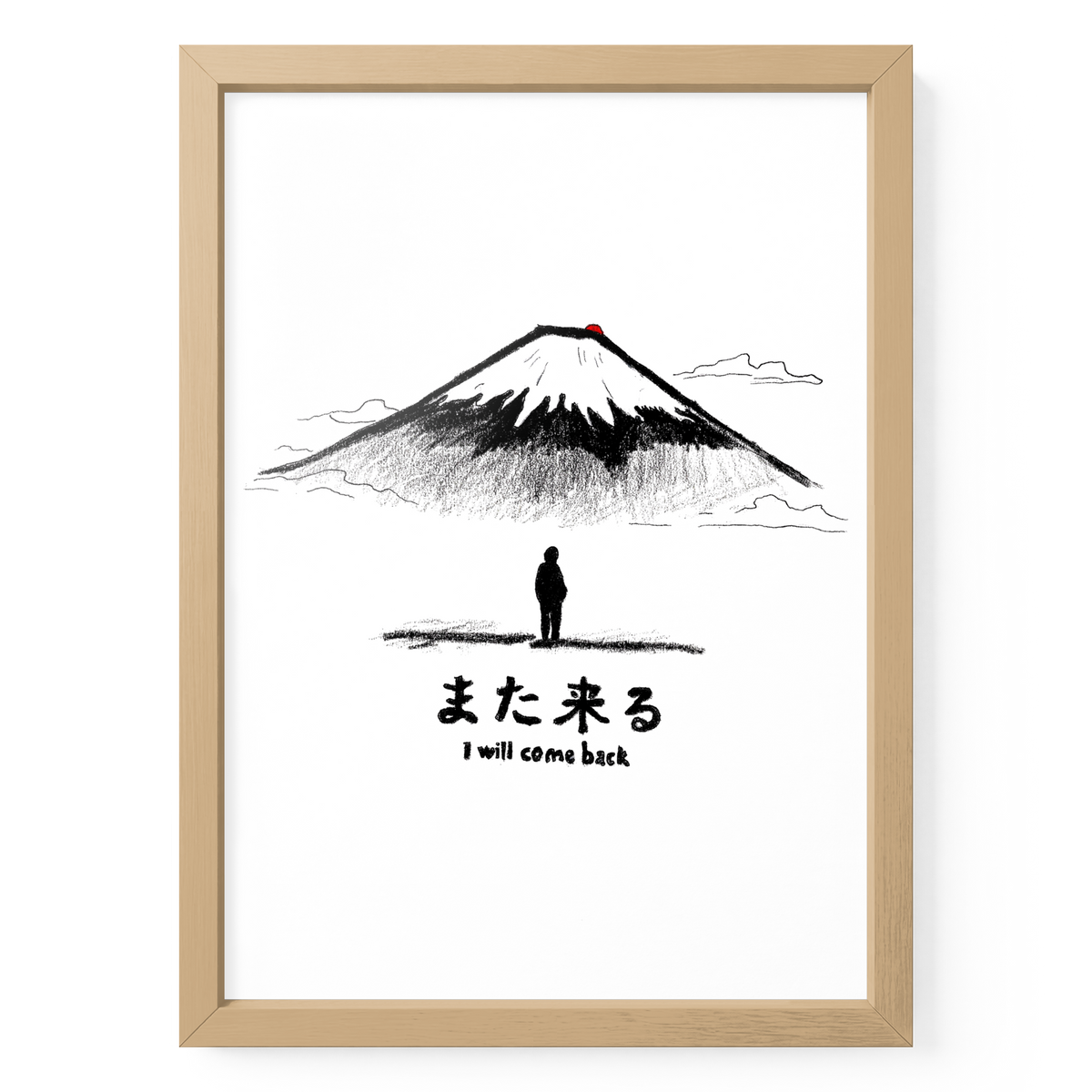 Fuji-Poster „I Will Come Back“ in A4 mit naturfarbenem Holzrahmen, Bergillustration und kleiner Figur.