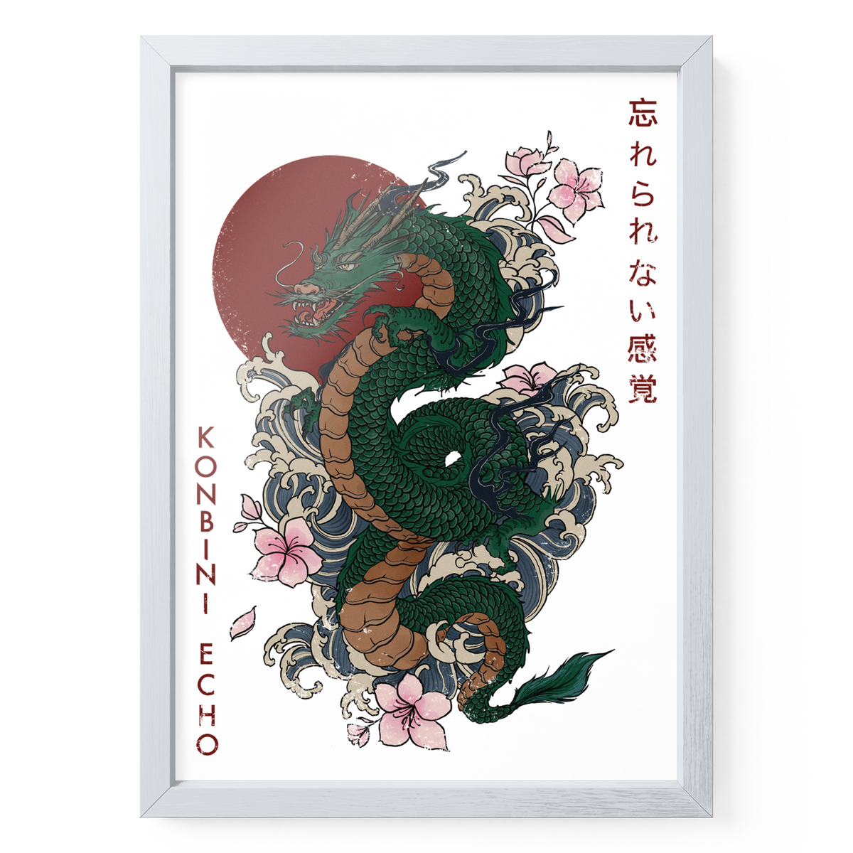 RYŪ Drachenposter DIN A4 in weißem Holzrahmen mit grünem Drachen, Wellen, Blüten und roter Sonne