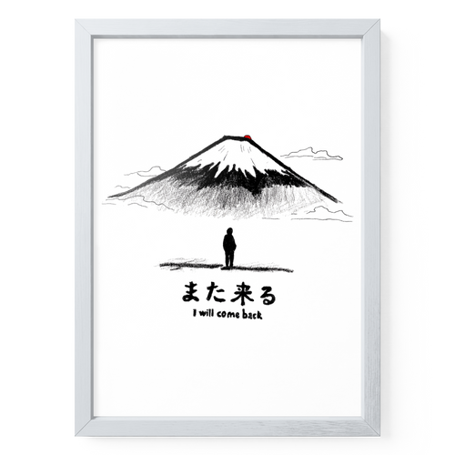 Fuji-Poster „I Will Come Back“ in A4 mit weißem Holzrahmen, Bergillustration und kleiner Figur.