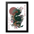 RYŪ Drachenposter DIN A5 in schwarzem Holzrahmen mit grünem Drachen, Wellen, Blüten und roter Sonne