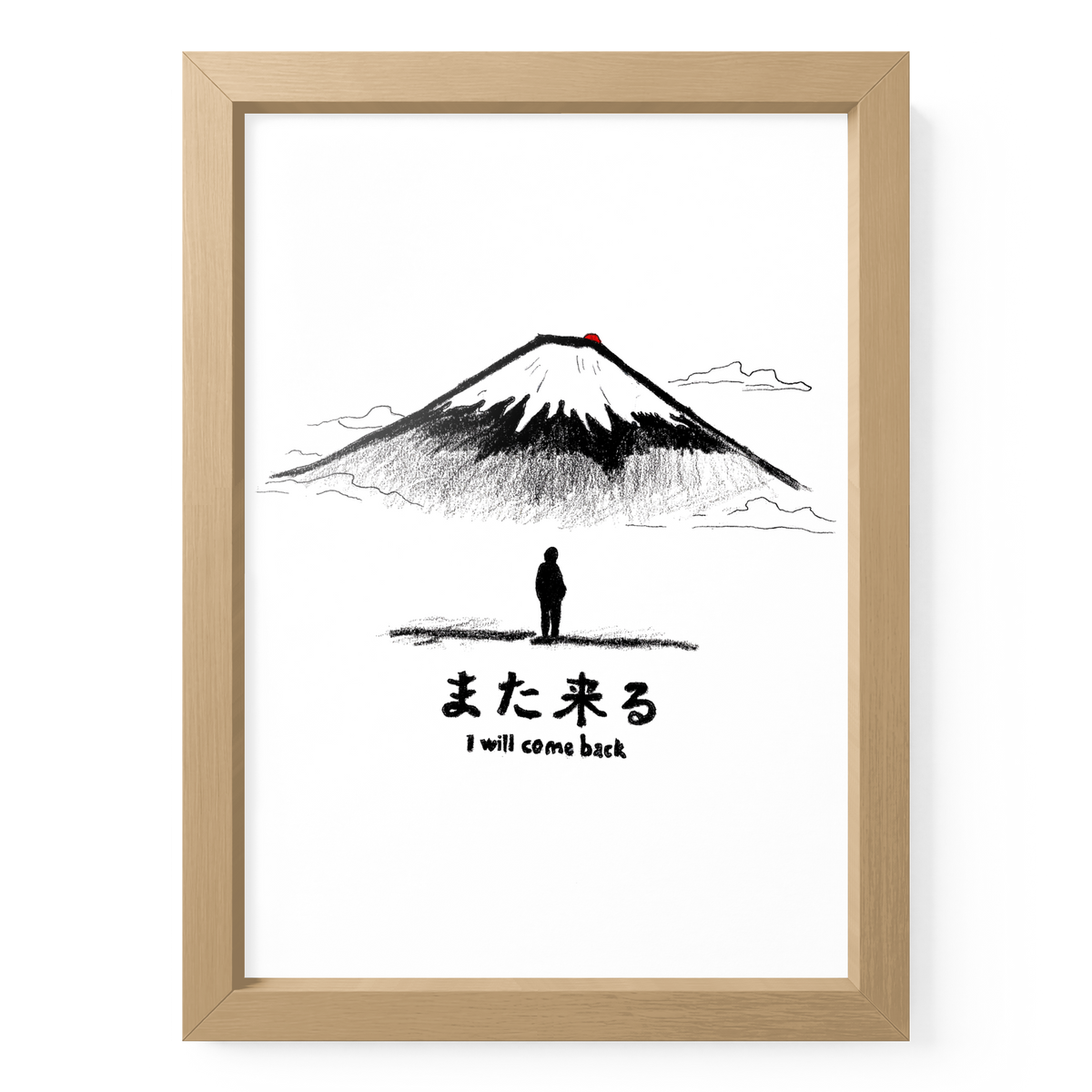 Fuji-Poster „I Will Come Back“ in A5 mit naturfarbenem Holzrahmen, Bergillustration und kleiner Figur.