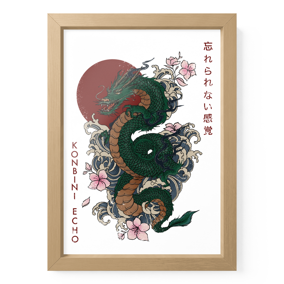 RYŪ Drachenposter DIN A5 in naturfarbenem Holzrahmen mit grünem Drachen, Wellen, Blüten und roter Sonne