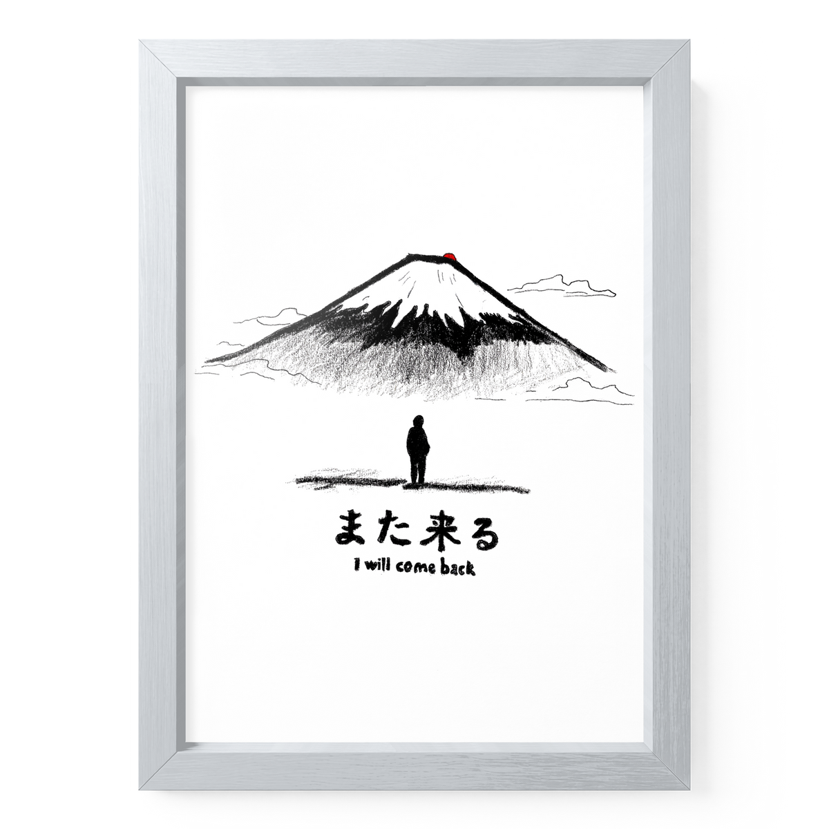 Fuji-Poster „I Will Come Back“ in A5 mit weißem Holzrahmen, Bergillustration und kleiner Figur.