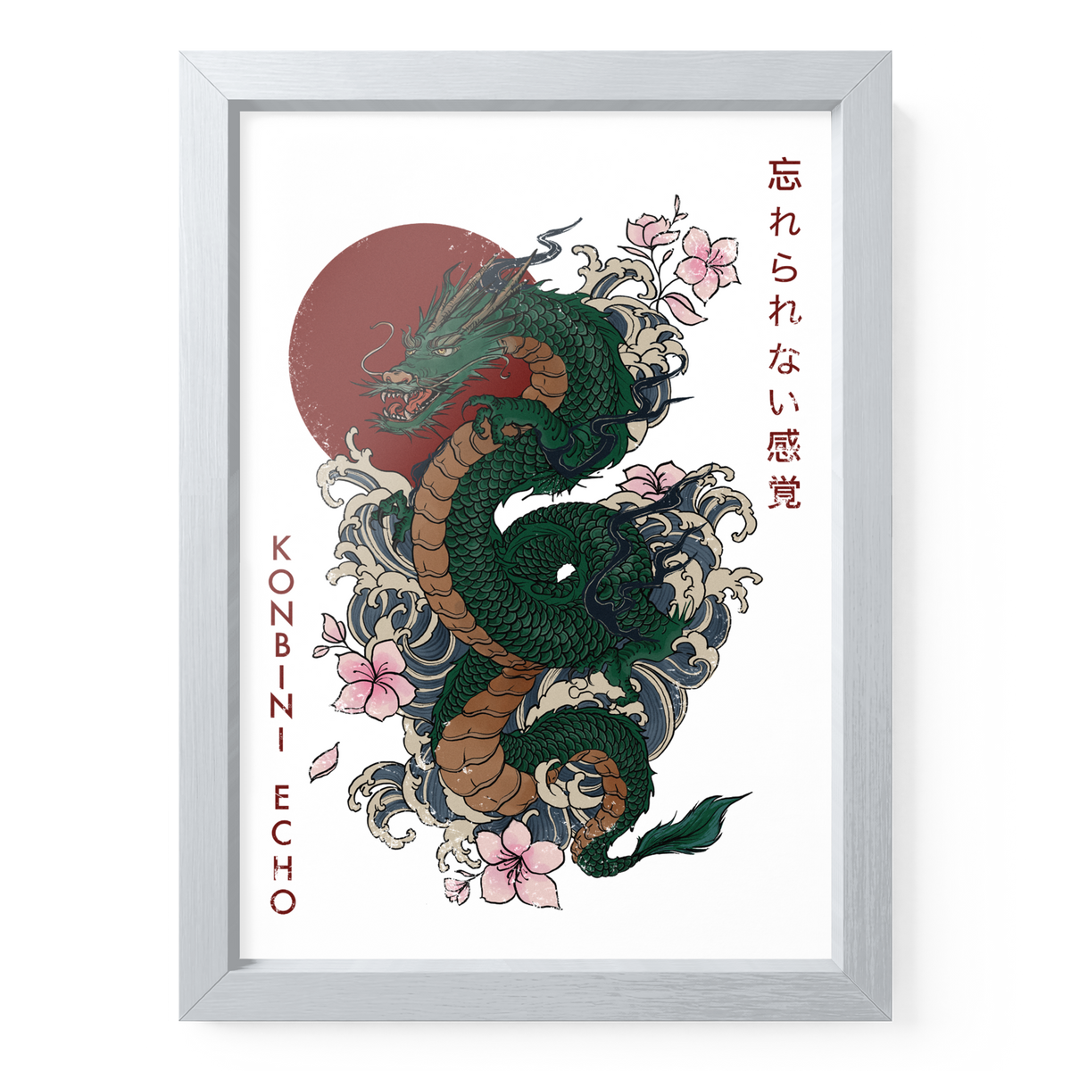 RYŪ Drachenposter DIN A5 in weißem Holzrahmen mit grünem Drachen, Wellen, Blüten und roter Sonne